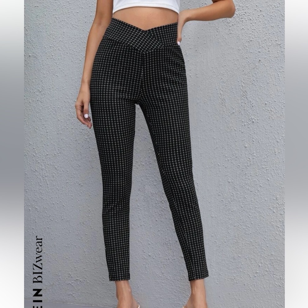 New 💋High Waist Plaid Graphic Skinny Pants Lnstretch black white